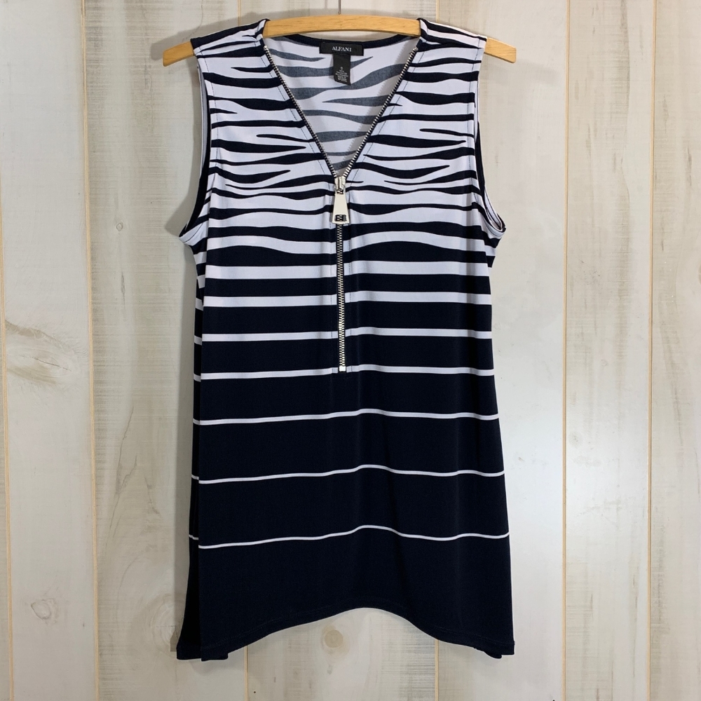 Alfani Navy Blue White Zip Stripe Blouse Small